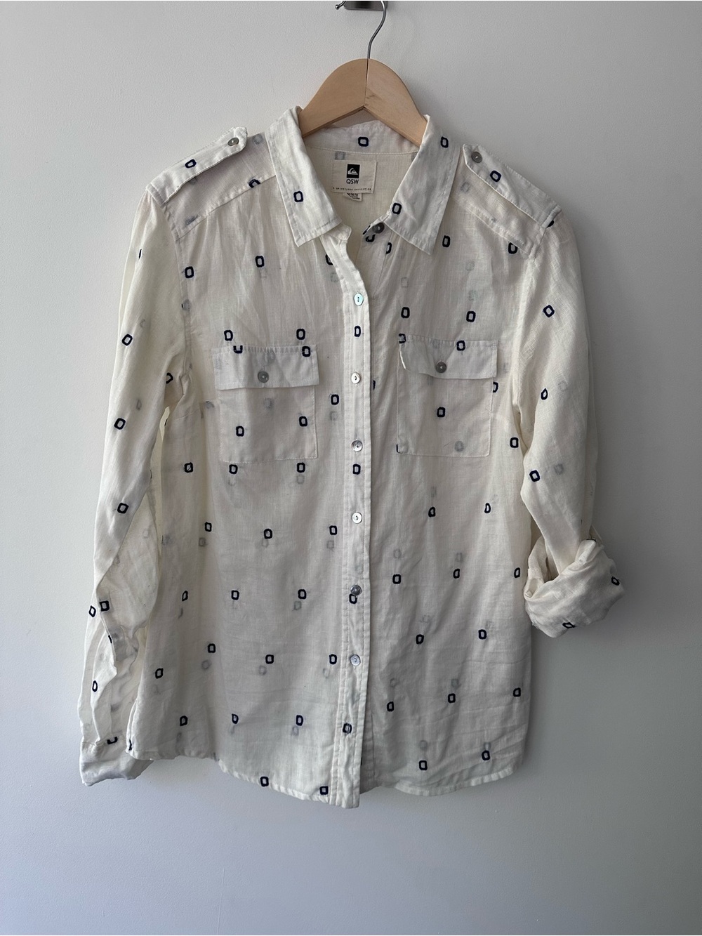 Quiksilver | M | Cream Linen Blend Button-Up Shirt with Embroidered Navy Pattern